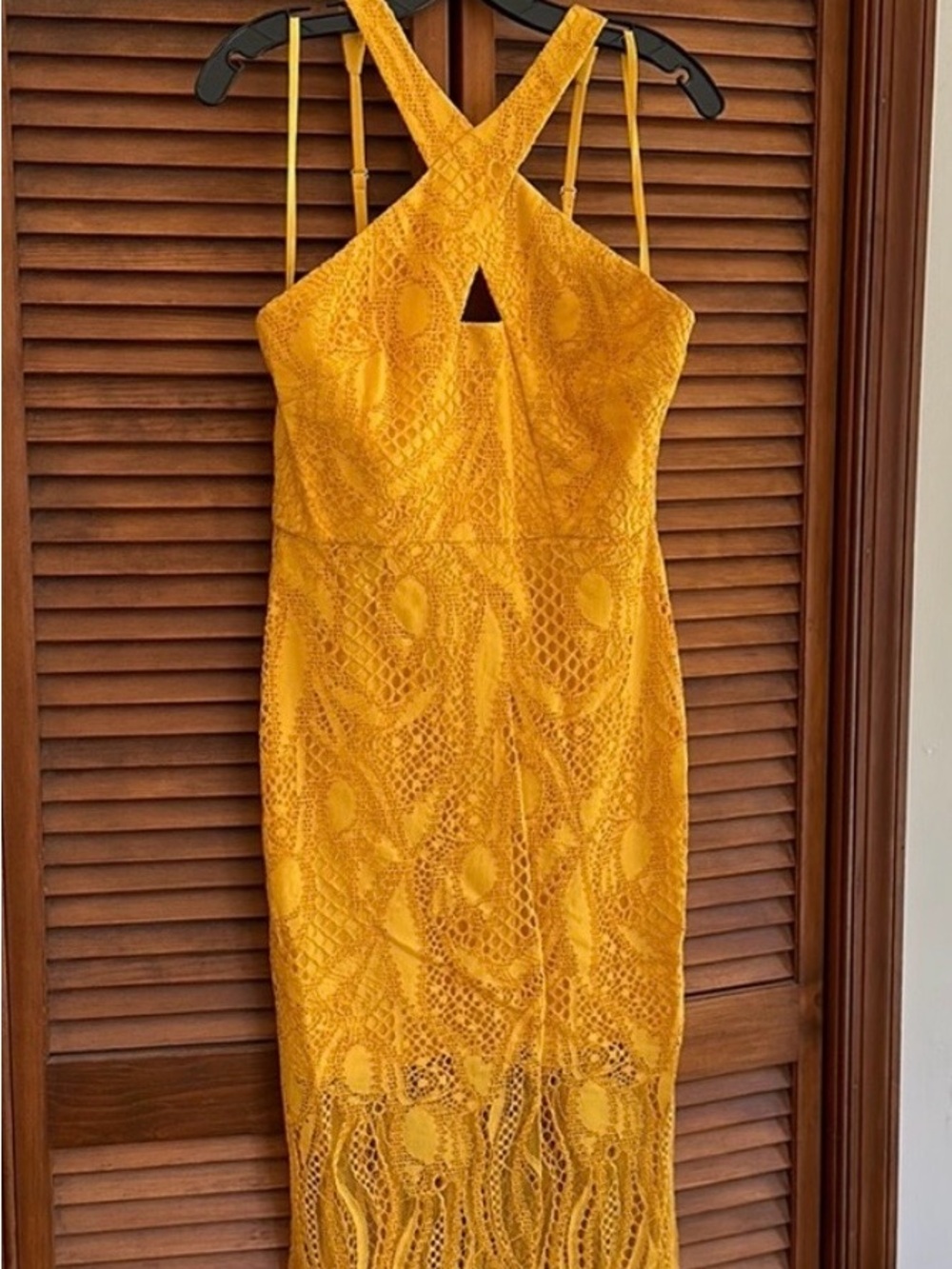BCBGMaxAzria Yellow Lace Halter Midi Dress